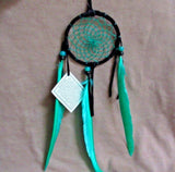 Native Navajo Handmade Medium Size Black Leather w/ Green Dream Catcher  M0249