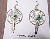 Navajo Turquoise & Sterling Silver Dream catcher Dangle Hook Earrings JE0305