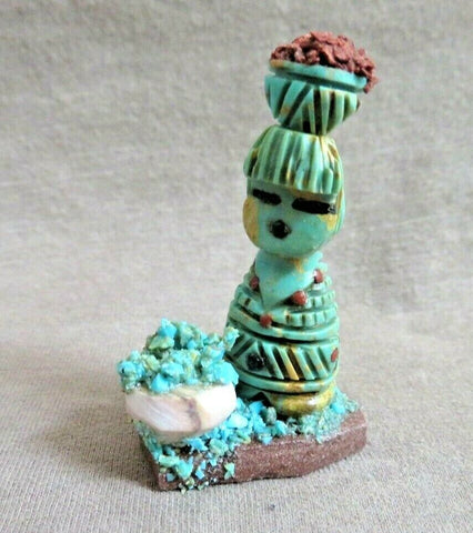 Native Zuni Turquose Olla Maiden with Offering Fetish By Carl Etsate C3776