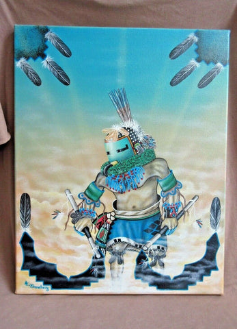 Native Zuni Oil on Canvas Painting -  Parrot Kachina by Alex Sanchez HP76