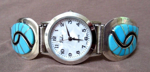 Native Zuni Turquoise & Sterling Silver Inlay Men's Watch  by A Quandelacy WA003