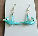 Native Zuni Turquoise BlueJay Carving Fetish with Heishi Hook Earrings JE594