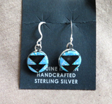 Native Zuni Inlay Jet & Opal Sterling Dangle Hook Earrings by E Esalio JE646