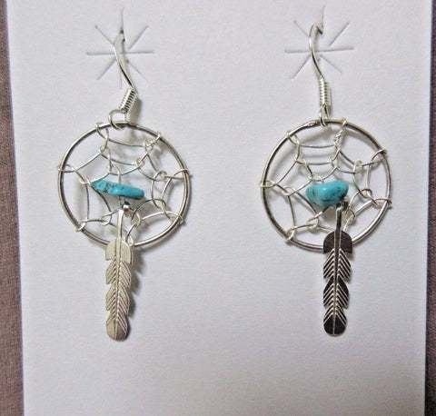 Navajo Turquoise & Sterling Silver Dream catcher Dangle Hook Earrings JE0301