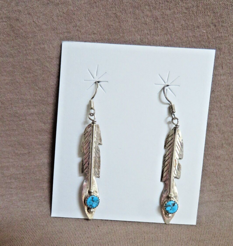 Native Navajo Turquoise & Sterling Feather Hook Earrings by Juan Begay JE631