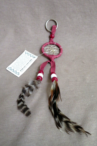 Navajo Handmade 1.6" Small Size Maroon Leather Dream Catcher Keychain  M376