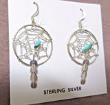 Navajo Turquoise & Sterling Silver Dream catcher Dangle Hook Earrings JE0305
