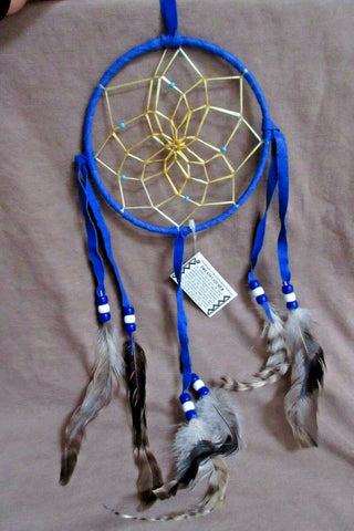 Native Navajo Handmade Medium/Large Size Blue Leather Dream Catcher  M0235