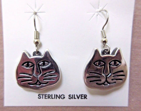 Native Navajo Sterling Silver Cat Face Design Hook Earrings  JE0297