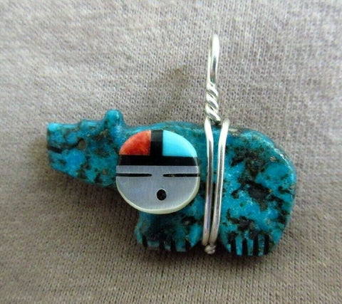 Native Zuni Turquoise Bear Fetish pendant by Darrin Boone JP243