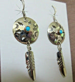 Navajo Turquoise & Sterling w/ Feathers Dangle Hook Earrings by Jeff James JE469