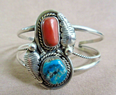 1980's Native Navajo Turquoise, Coral & Sterling Small Cuff Bracelet  JB213