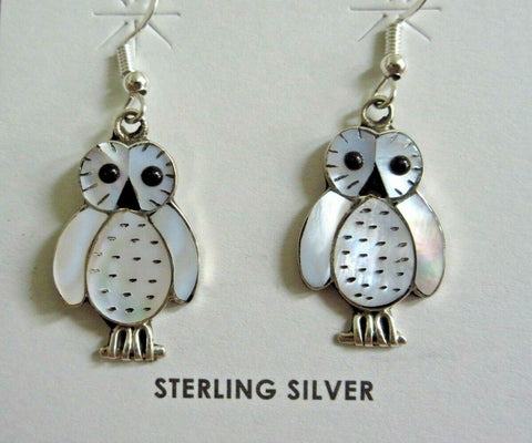 Native Zuni Mother of Pearl Inlay & Sterling Owl Earrings by R Kallestewa JE508