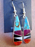 Native Zuni Turquoise & Multi-Stone Sterling Silver Dangle Hook Earrings JE437