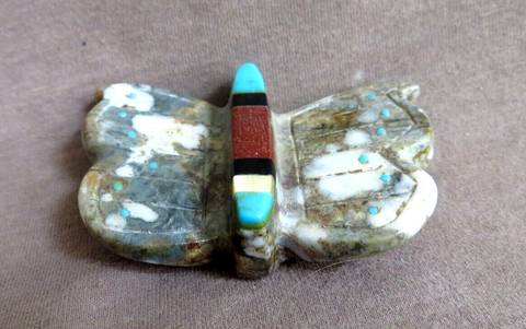 Native Zuni Jasper Butterfly Fetish Carving w Inlay by Brandon Phillips - C4579