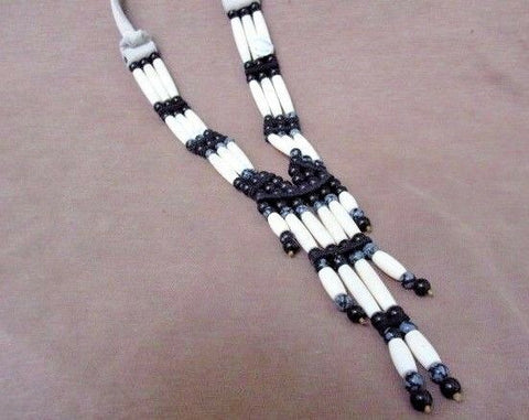Native Navajo Jet, Snowflake Obsidian & Leather 3 strand Bone necklace JN0258