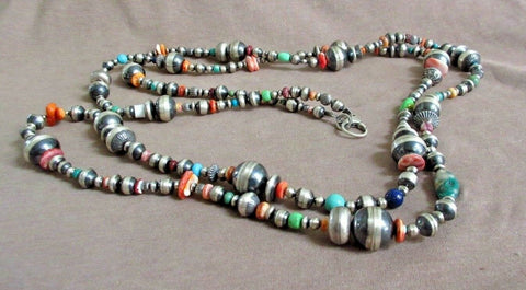 Native Navajo Stunning Mult-stone & Sterling Navajo Pearls  60" Necklace  JN352