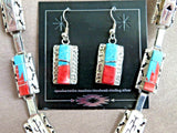 Navajo Stunning Turquoise, Coral & Sterling Box Necklace & earrings by S P JN409