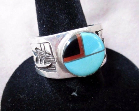 Navajo Turquoise & Coral Inlay Sterling Ring by Lester James Size 10.25 JR0019
