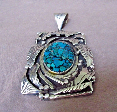Native Navajo Very Heavy Sterling Silver & Turquoise Pendant by NN JP0144