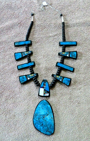 Santo Domingo XL Inlay Multi-Stone Pendant & Jet Necklace by Chris Nieto JN446