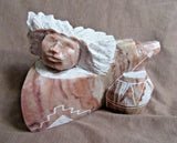 Native Navajo Alabaster  Native Woman, Bear & Olla Sculpture by S Enoah  M0216