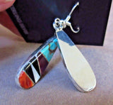 Native Zuni Turquoise & Multi-Stone Sterling Silver Dangle Hook Earrings JE437