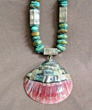 Native Santo Domingo Turquoise & Sterling Bead Inlay Shell Necklace Coriz JN372