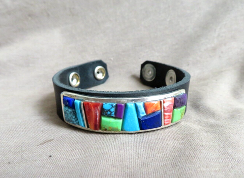 Navajo Multi-stone w/ Sterling Leather Adjustable Bracelet by E Yazzie - JB272