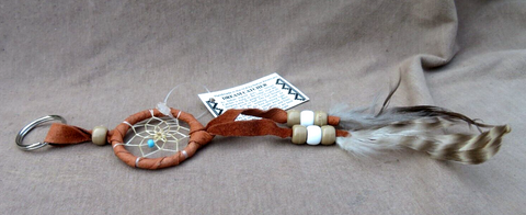 Navajo Handmade Small Size Brown Leather Dream Catcher Keychain  M383