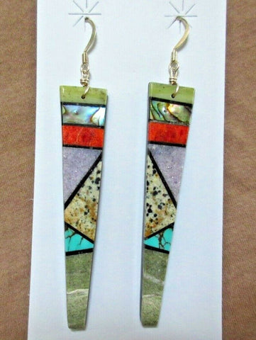 Native Santo Domingo Multi-stone Matrix Dangle Hook Earrings - Bryon Coriz JE457