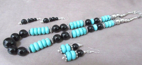 Navajo Turquoise & Onyx bead Necklace w/ silver clasp & Matching Earrings JN0041