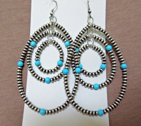 Navajo Sterling Silver & Turquoise Triple Ring Navajo Pearl Hook Earrings  JE388