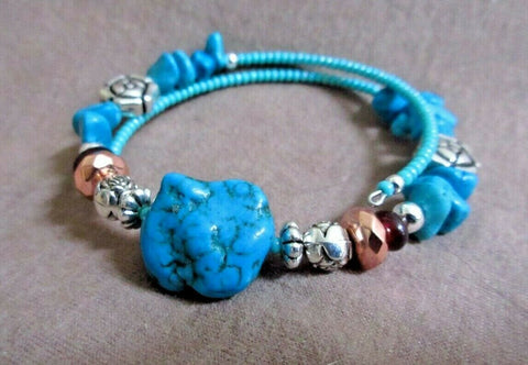 Native Navajo Turquoise Bead Memory Wire Bracelet Raelena Manygoats JB206