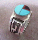 Navajo Turquoise & Coral Inlay Sterling Ring by Lester James Size 10.25 JR0019