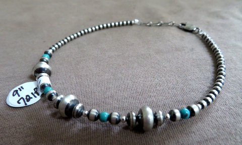 Navajo Sterling Silver & Turquoise Navajo Pearl 9" Anklet Bracelet  JB255