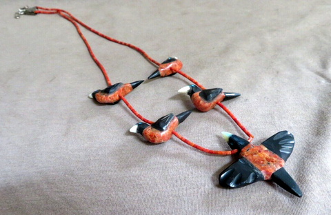 Native Zuni Apple Coral & Jet Soaring Baltimore % Oriole Fetish Necklace JN458