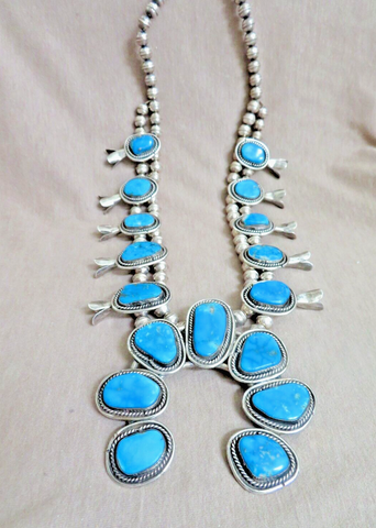 Vintage Navajo Sterling & Blue Gem Turquoise Squash Blossom Necklace by BK JN473
