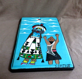 Older Zuni Oil on Wood Shalako and Mudhead Painting by Stephen Lonjose  HP86