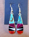 Native Zuni Turquoise & Multi-Stone Sterling Silver Dangle Hook Earrings JE437
