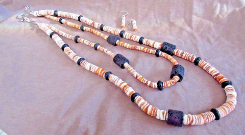 Navajo heavy Double Strand Spiny Oyster w/ Lava Beads Necklace & Earrings JN0210
