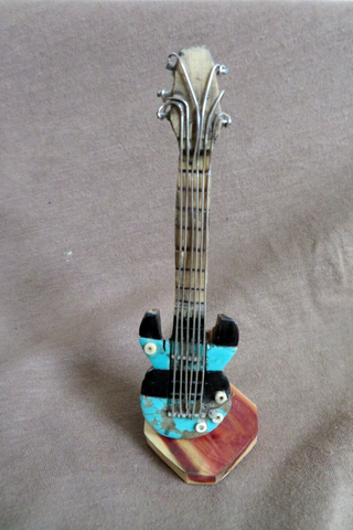 Zuni Wood, Turquoise & Jet Electric Guitar Carving Fetish  By Carl Etsate C4588