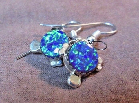 Native Zuni Blue Opal and Sterling Silver Dangle Turtle Earrings - JE0192