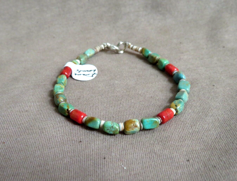 Native Santo Domingo Turquoise, Coral Heishi 7" Bracelet by Irene Lovato JB270