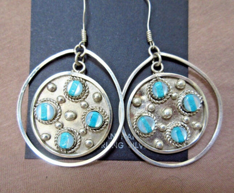 Native Zuni Turquoise & Mother of Pearl Sterling Hook Earrings JE0413