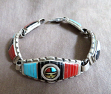 Zuni 925 Silver & Multi-Stone Spinner Sunface Link Bracelet by Don Dewa JB269