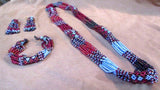 Zuni Made Beaded 16 Strand Multi-Color 28" Necklace, Bracelet & Earrings JN0122