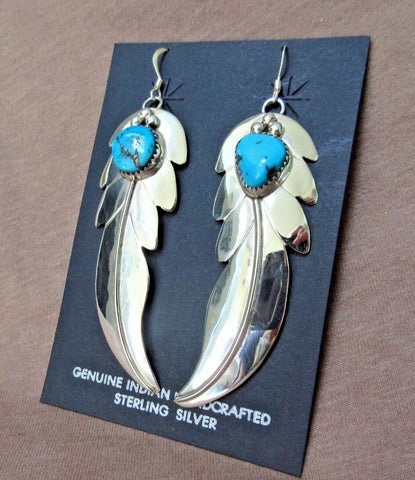 Native Navajo Sterling Silver & Turquoise Feather Earrings by Ida McCrae JE409