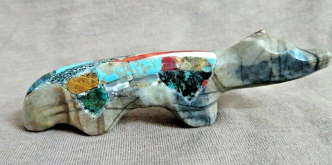 Zuni Amazing Picasso Marble Wolf w Multi-stone inlay Fetish by Jayne Quam C3657
