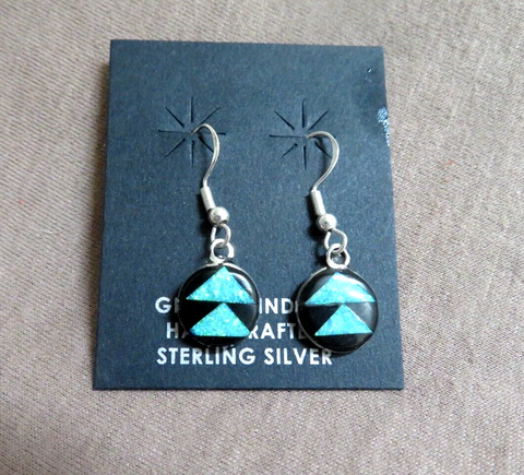 Native Zuni Inlay Jet & Opal Sterling Silver Dangle Hook Earrings - JE646